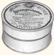 Runde historische Blechdose mit Aufschrift Landschafts-Apotheke, Spitzwegerich-Lungenpulver
