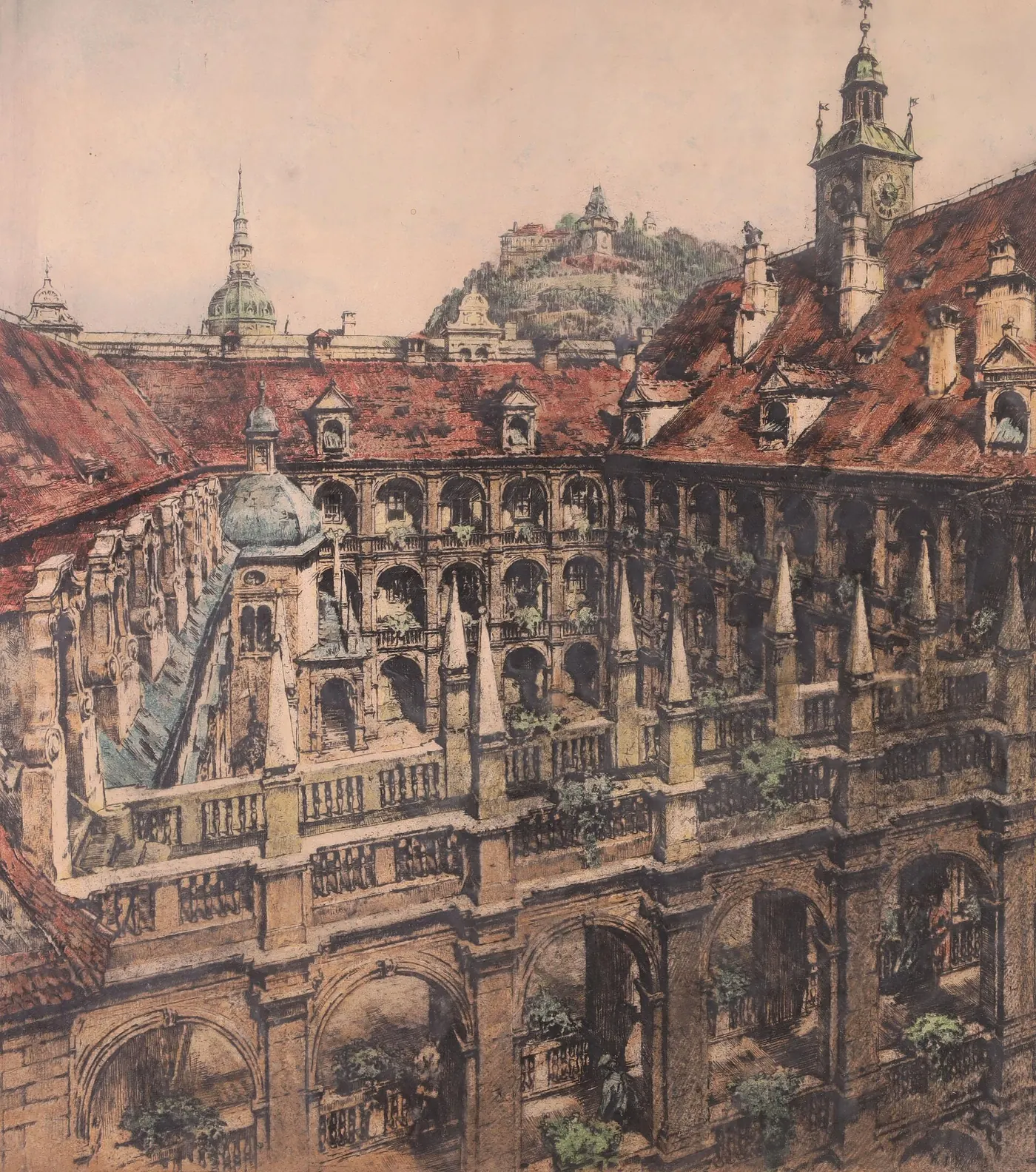 Gemälde des Grazer Landhaushofs mit seinen Arkadengängen und dem Uhrturm im Hintergrund